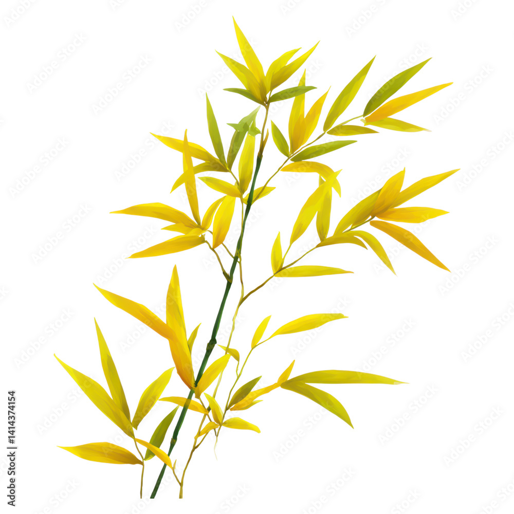 Fototapeta premium Delicate Yellow Bamboo Branch with Lush Green Leaves and Stems, isolated on transparent background.