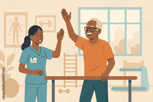 Flat scene emphasizing gentle medical rehabilitation
