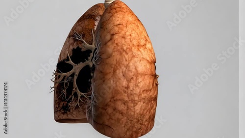 Health impact of PM 2.5 on lung disease concept. A highly detailed illustration of human lungs displaying darkened areas, indicating potential health issues or pollution exposure