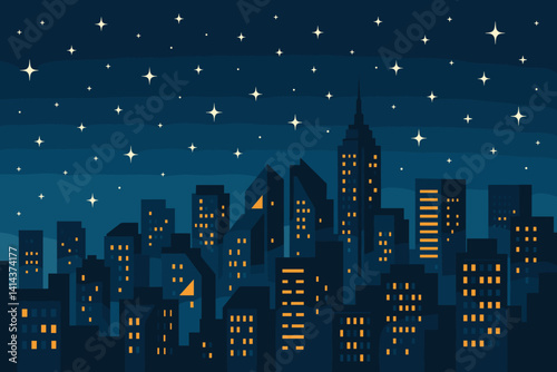 Urban nighttime setting with windows aglow in a flat landscape
