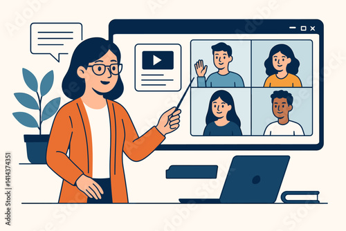 E-learning concept with a flat design that incorporates video conferencing for educational purposes