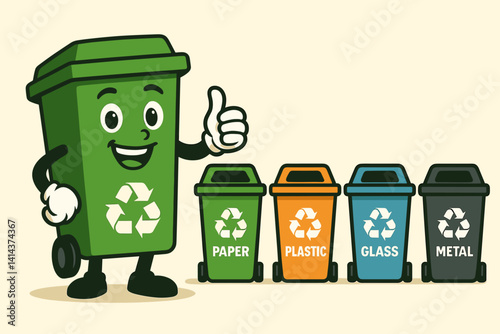 Flat eco-friendly concept with a cheerful mascot encouraging correct waste segregation