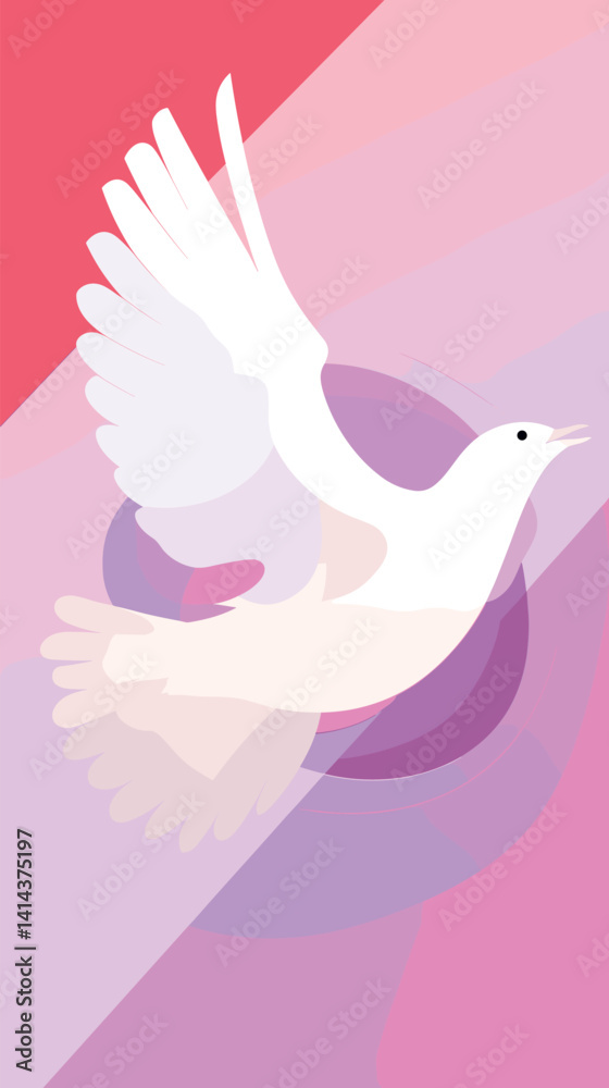 Elegant white dove in flight against pink and purple abstract background flat vector illustration Elegant white dove in flight against pink and purple abstract background flat vector illustration
