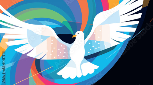 Abstract dove in flight against a colorful geometric background flat vector illustration
