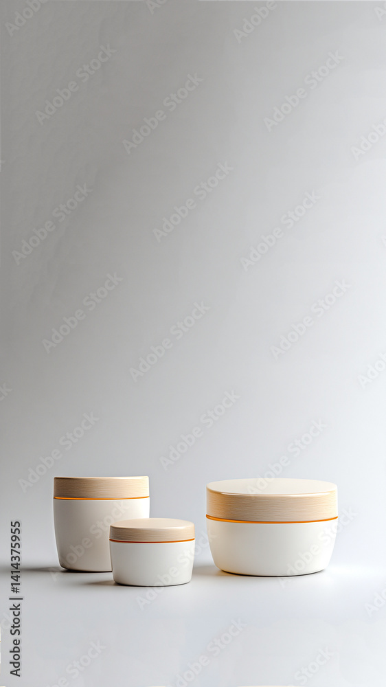 Three pastel cosmetic cream jars arranged vertically on a white background. Minimal skincare and beauty concept for vertical story or reel format
