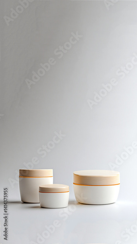 Obraz na płótnie Three pastel cosmetic cream jars arranged vertically on a white background. Minimal skincare and beauty concept for vertical story or reel format w salonie