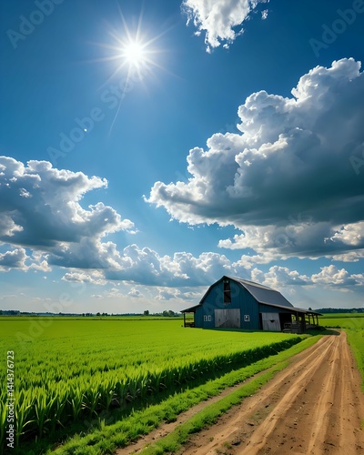Bright sun shines over wooden barn and dirt path across green farmland under blue cloudy sky. Rural nature concept
