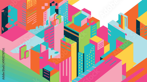 Colorful abstract geometric cityscape with vibrant towers and skyscrapers flat vector illustration