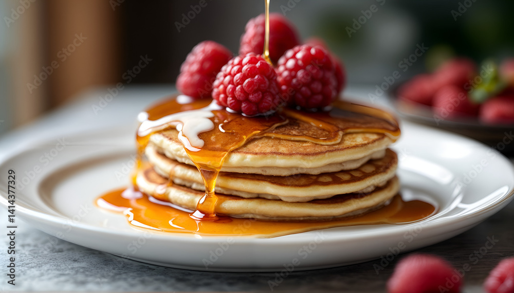 Pancakes with honey and raspberries. A fresh snack. Delicious pancakes with syrup and berries Pancakes with honey and raspberries. A fresh snack. Delicious pancakes with syrup and berries