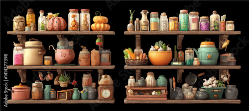 Vintage Pantry Shelves with Preserves and Garden Goods