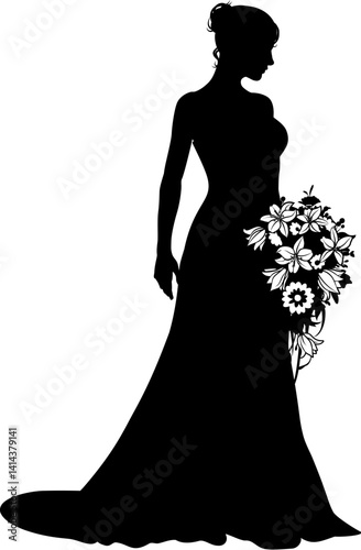 A woman bride in a bridal wedding dress in a silhouette
