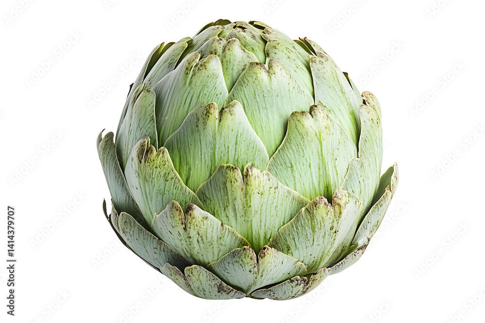 Fototapeta premium Single fresh green artichoke with detailed texture isolated on white transparent background. Concept of healthy eating, organic food, and vegetarian diet