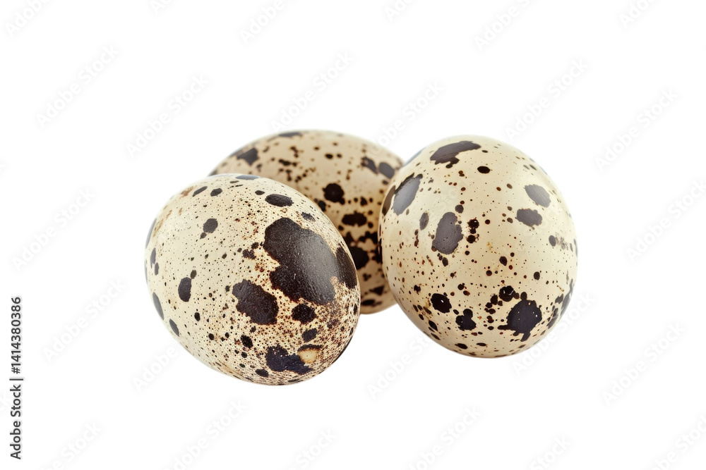 Beautifully speckled quail eggs resting on a minimalist white background for culinary delight Beautifully speckled quail eggs resting on a minimalist white background for culinary delight