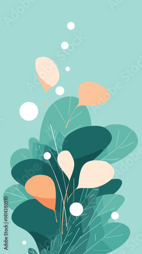 Abstract botanical design with leaves and organic shapes on teal background flat vector illustration