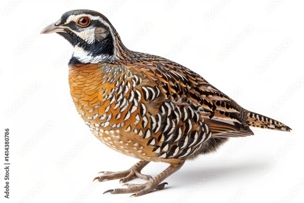 Captivating quail displaying vibrant plumage against a clean white background in a serene moment Captivating quail displaying vibrant plumage against a clean white background in a serene moment