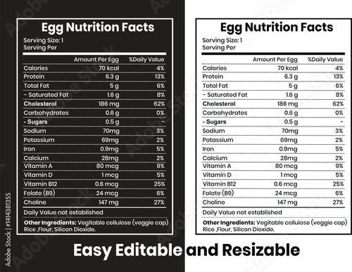 Egg Nutrition facts, Supplement facts and vitamin facts template, egg nutrition facts template illustration