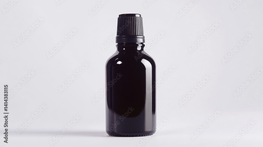 This is a sleek black bottle. Ideal for essential oils or liquid storage. Its minimalist design is perfect for branding. Capture your brand essence here. Generative AI