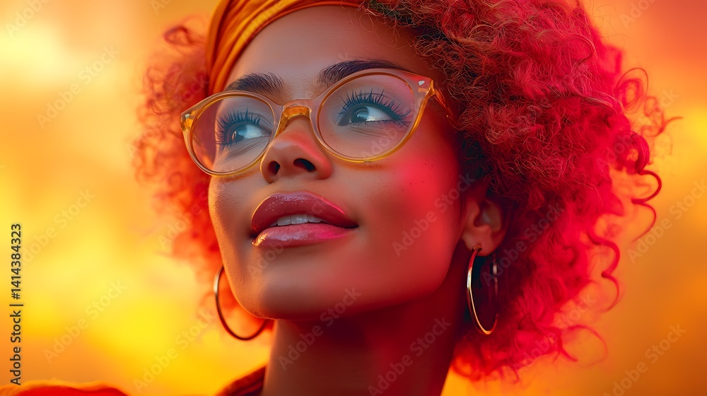 Obraz premium Stylish woman with vibrant, colorful hair and glasses. Smiling, looking upward