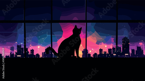 Silhouette of cat against vibrant city skyline at twilight flat vector illustration