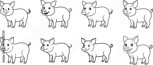 Eight Adorable Cartoon Pigs Line Art Coloring Page