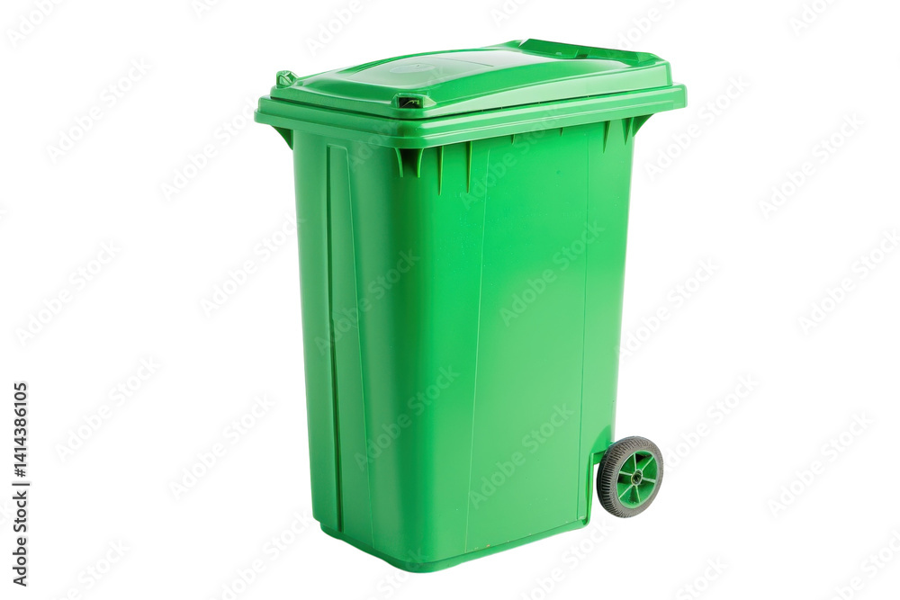 Bright green recycling bin with wheels positioned on a white surface, ready for collection isolated on transparent background