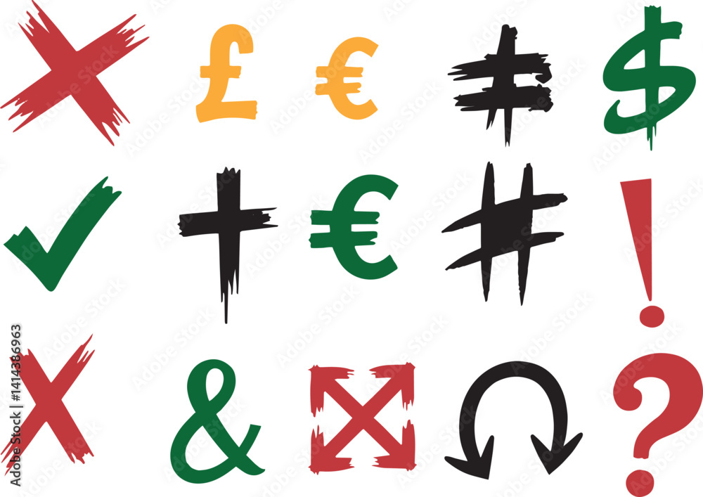 Fototapeta premium Hand Drawn Comic Style Icon Set with Brush Stroke Symbols and Abstract Shapes