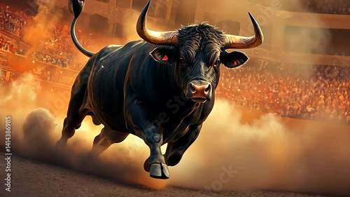 Black bull charging in bullring with crowd in background