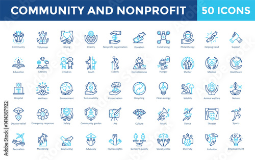 Community and Nonprofit icons set with Community, Volunteer, Giving, Charity, Nonprofit organization ,Donation, Fundraising, Philanthropy, Helping hand, Support icon. Simple outline color vector 
