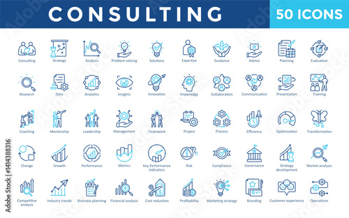 Consulting icons set with consulting, strategy, analysis, problem solving, solutions, expertise, guidance, advice, planning, evaluation icon. Simple outline color vector 
