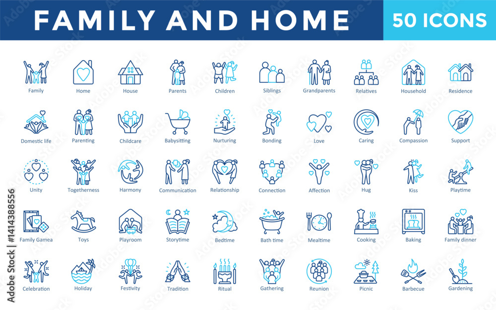 Φωτογραφία Family and Home icons set with family, home, house, parents, children, siblings, grandparents, relatives, household, residence icon