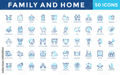 Family and Home icons set with family, home, house, parents, children, siblings, grandparents, relatives, household, residence icon. Simple outline color vector 
