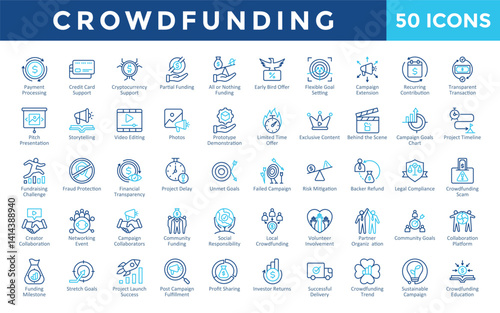 Crowdfunding icons set with payment processing, credit card support, cryptocurrency support, partial funding, all or nothing funding, early bird offer icon. Simple outline color vector 
