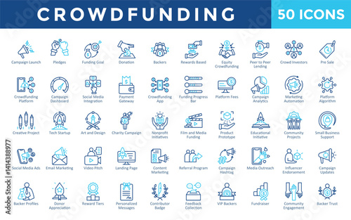 Crowdfunding icons set with campaign launch, pledges, funding goal, donation, backers, rewards based, equity crowdfunding, peer to peer lending, crowd investors icon. Simple outline color vector 
