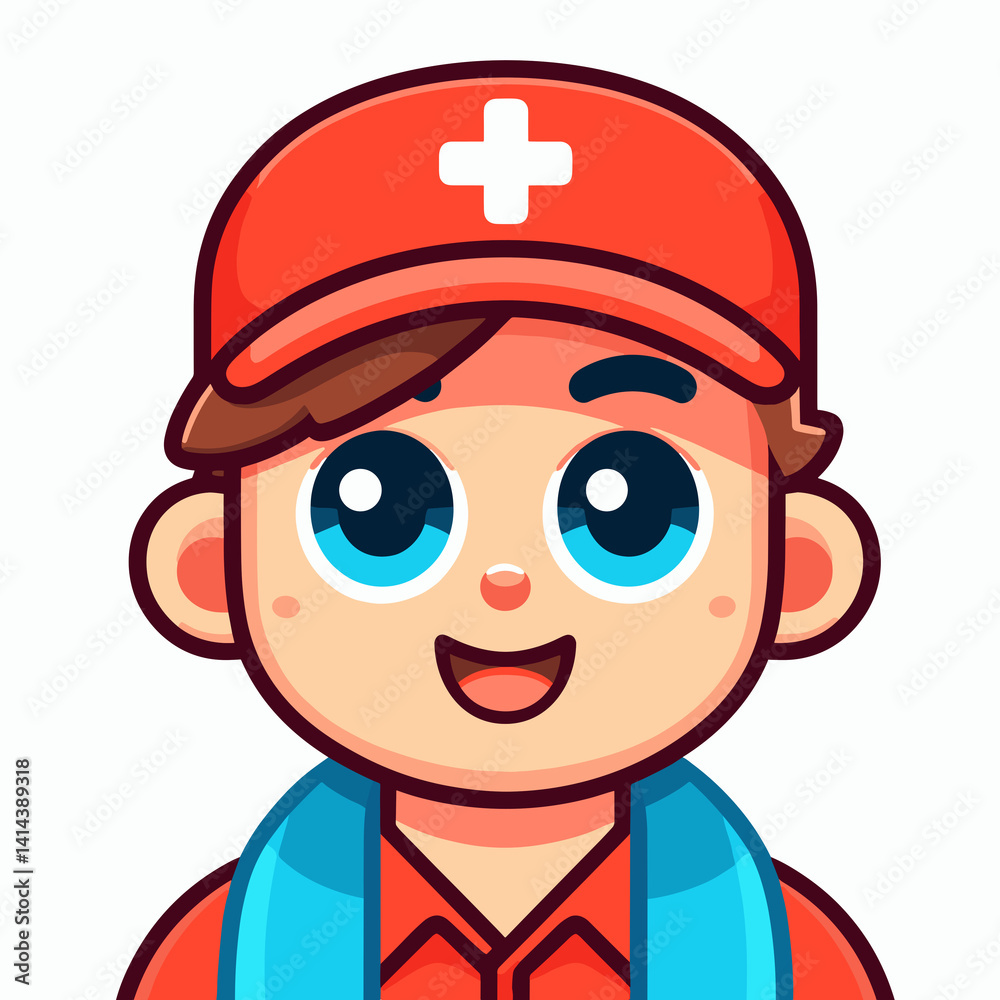 Animated boy smiling wearing a rescue uniform with backpack Animated boy smiling wearing a rescue uniform with backpack