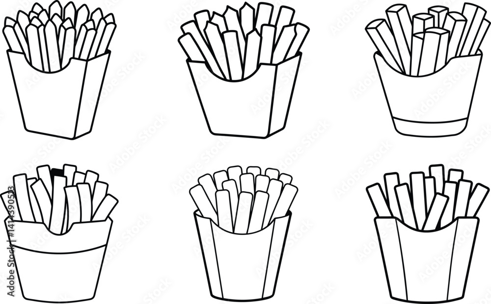 Six Outline Drawings of French Fries in Boxes Six Outline Drawings of French Fries in Boxes