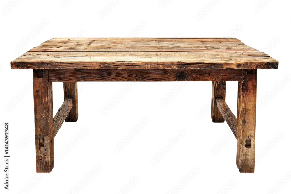 Rustic wooden dining table showcasing weathered charm in a simple studio setting isolated on transparent background Rustic wooden dining table showcasing weathered charm in a simple studio setting isolated on transparent background