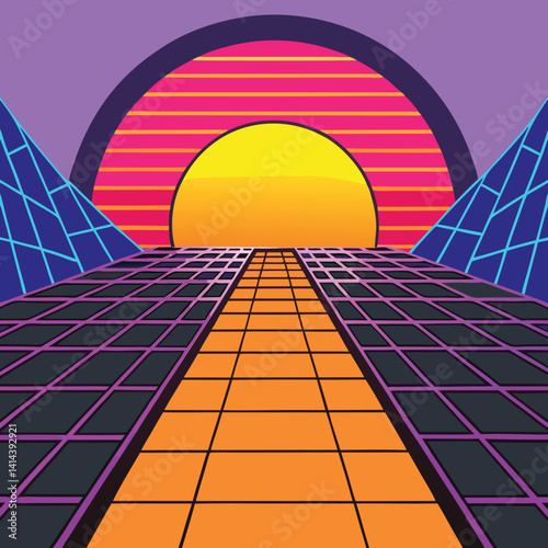 Retro Sunset Grid Landscape with Mountains Illustration - Synthwave Horizon Graphic
