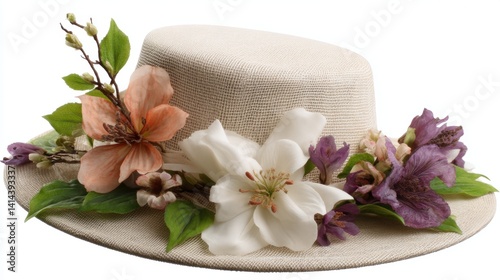 Boater hat adorned with peach, white, and purple floral accents and budding green foliage.