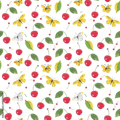 Whimsical Watercolor Cherry Pattern in Vintage Style, Featuring Soft Hues and Playful Sweet Fruit in Seamless Repeat