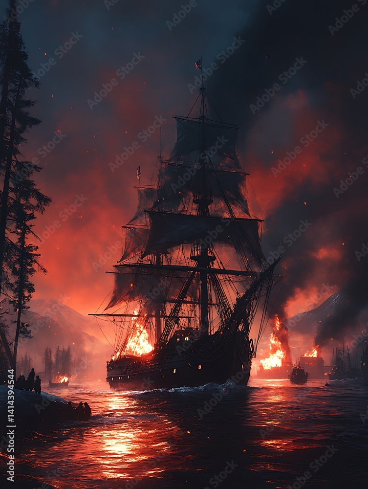 Obraz premium Burning ship at night, forested shore