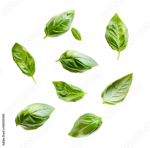 Obraz na płótnie Fresh basil leaves in air isolated on white background. w salonie