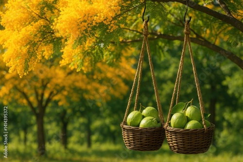 Golden Tamarind tree blooming with yellow flowers beside twin hanging guava baskets over sunlit orchard path

