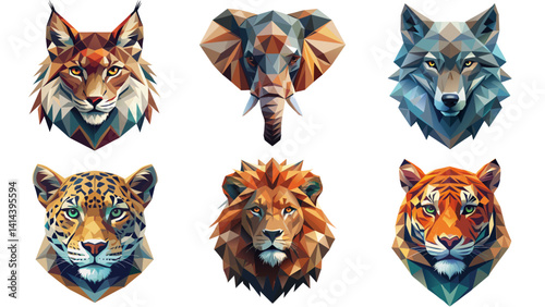 Vector set of polygonal leopard Tiger lion wolf elephant Lynx  heads. Can be used for wallpaper, pattern fills, web page background,surface textures.