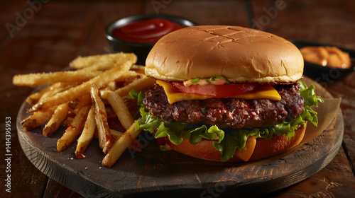 Hamburguesa con papas sobre mesa rústica.