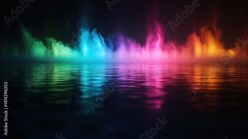Colorful neon smoke reflecting on water  night scene