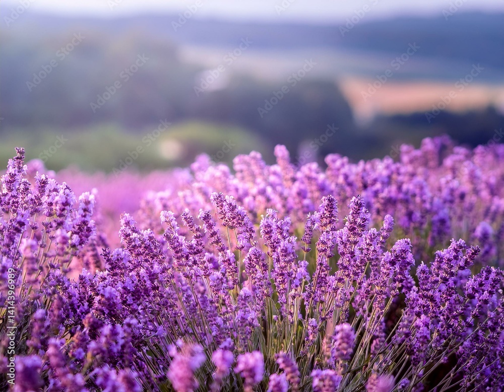 Fototapeta premium Blooming Lavender flowers field panoramic view for summer background, banner. Soft selective