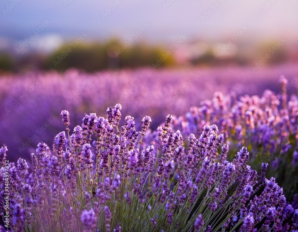 Obraz premium Blooming Lavender flowers field panoramic view for summer background, banner. Soft selective