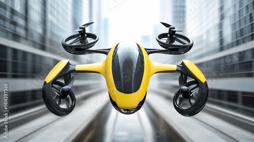 Yellow Drone Taxi Flying Over City Streets photo