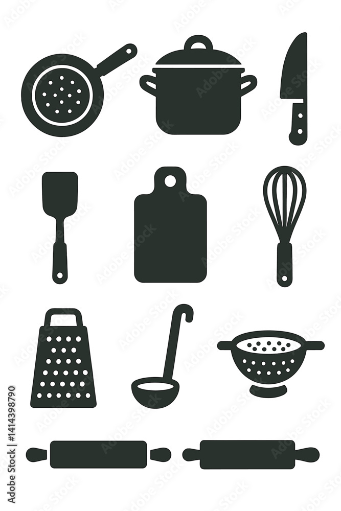 Utensils and equipment typically found in a kitchen for food preparation and cooking Utensils and equipment typically found in a kitchen for food preparation and cooking
