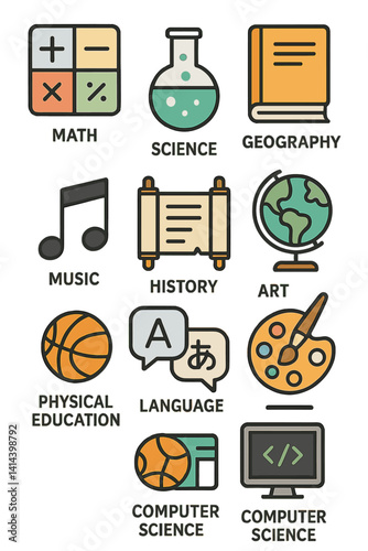 Icons representing school subjects taught in primary and secondary education